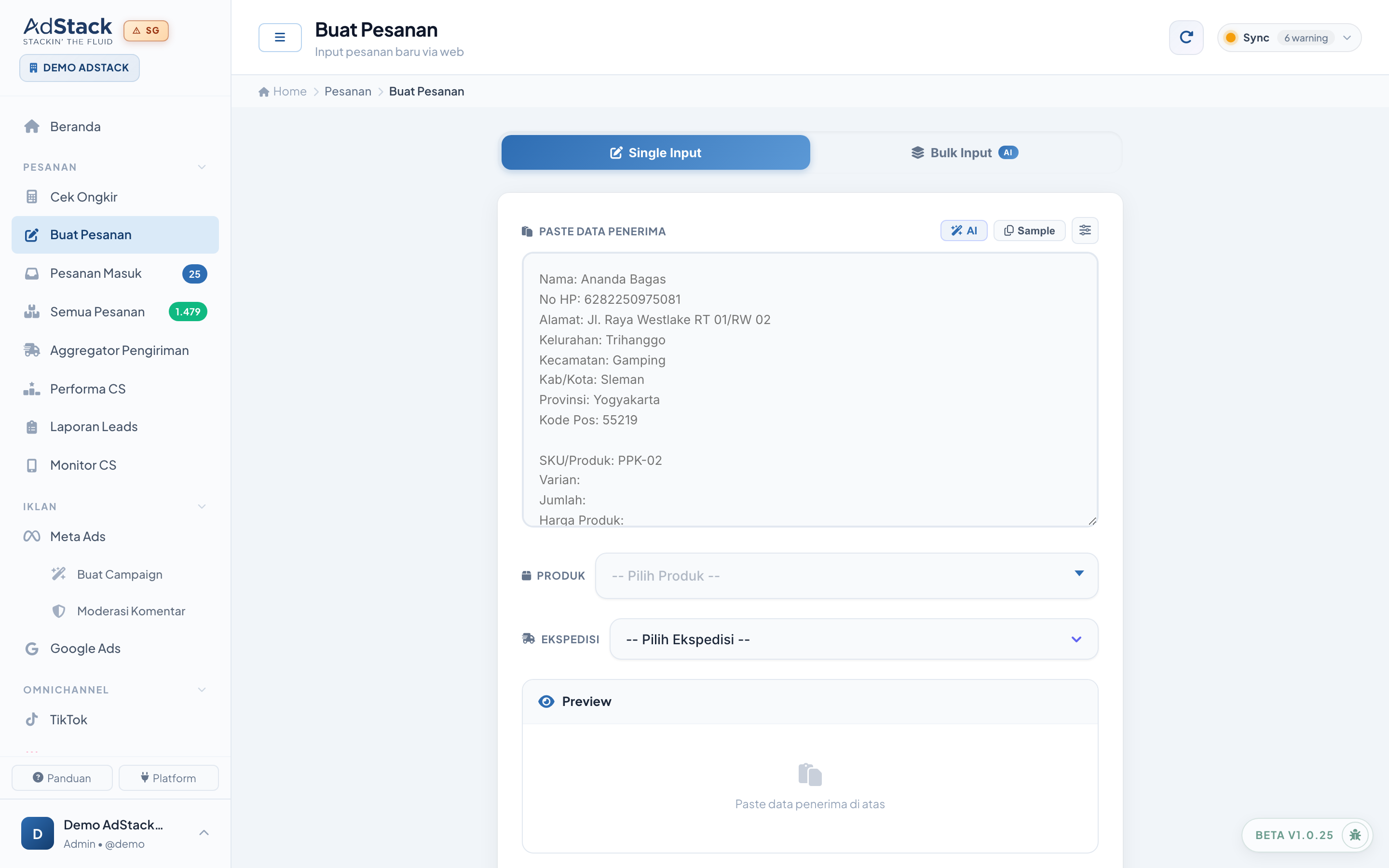 Tampilan AI Input Order di AdStack: teks chat WhatsApp diubah menjadi order terstruktur. Contoh tampilan, data ilustrasi.
